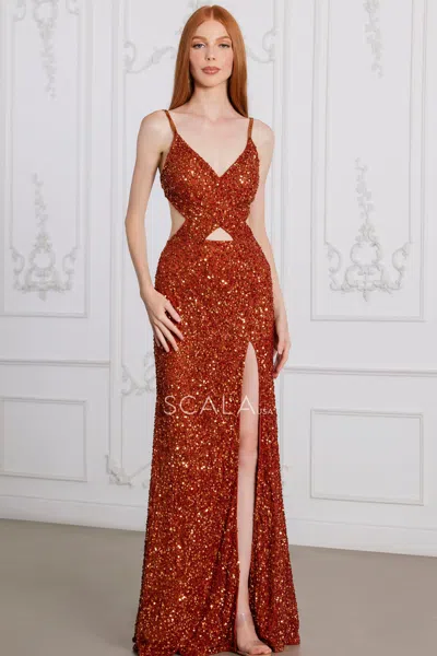 Scala 80168 Formal Long Fitted Slit Sequined Prom Dress In Brown