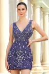Scala 80201 Homecoming Fitted Short Cocktail Beaded Dress In Blue