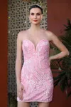 Scala 80202 Sequins Fitted Short Cocktail Homecoming Dress In Pink