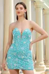 Scala 80233 Short Sequin Beaded Homecoming Dress In Blue