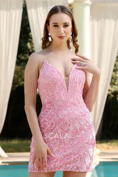 Scala 80264 Homecoming Sequin Fitted Short Cocktail Dress In Pink
