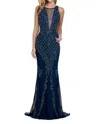Scala Embellished Plunge Neck Evening Gown In Navy In Blue