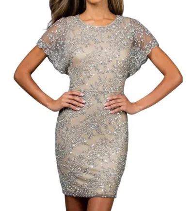 Scala Fully Beaded Sheath Dress With Cap Sleeves In Lead Silver