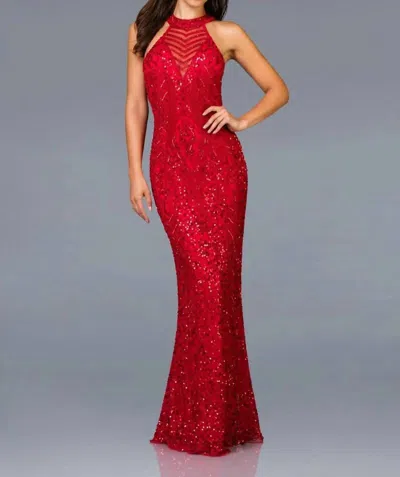 Scala Halter Neck Beaded Evening Gown In Red