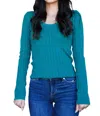 Scala Lace Long Sleeve U-neckline Top In Emerald In Gold