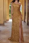 Scala One Shoulder Sequin Gown In Gold In Gold