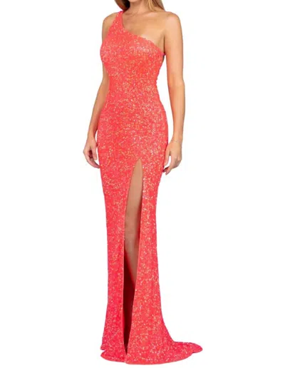 Scala One Shoulder Sequin Gown With Strappy Back In Hot Pink In Red
