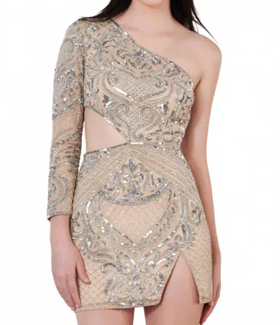 Scala One Shoulder Sleeve Cocktail Dress In Nude/silver