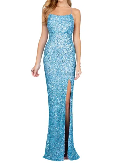 Scala Open Back Sequin Evening Gown In Dolphin In Blue