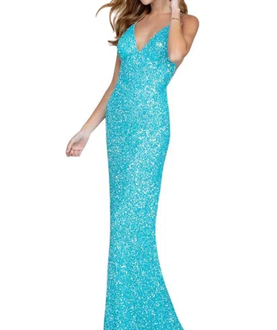 Scala Sequin Open Back Evening Gown In Turquoise In Blue
