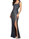 Scala 48961 Long Formal Slit Prom Dress In Blue
