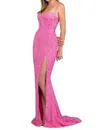Scala Sequined Corset High Slit Gown In Strawberry In Pink