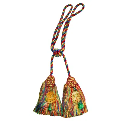 Pre-owned Scalamandre Duchess Silk Double Tassel Curtain Tieback, Carved Jade, Red, Blue