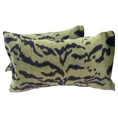 Pre-owned Scalamandre Pair Of Moss  "le Tigre" Lumbar Down Pillows In Green