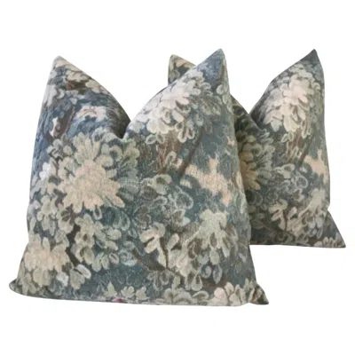 Pre-owned Scalamandre Pair Of  “marly” Cut And Uncut Blue Green Verdure Velvet Pillows