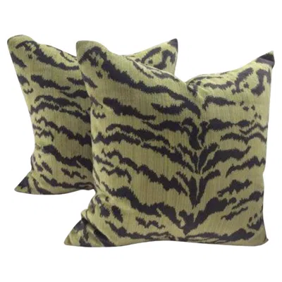 Pre-owned Scalamandre Pair Of  Pillow Cover In "le Tigre" Green And Black Velvet
