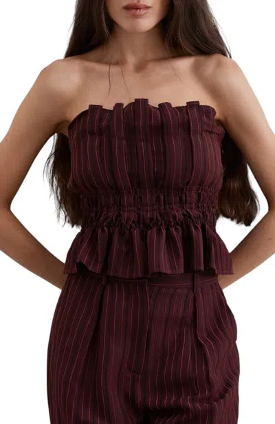 Scalpers Ruched Strapless Top In Burgundystripes