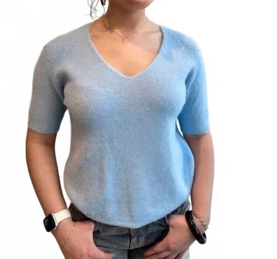 Scandal Italy Fuzzy Knit Alpaca Blend V-neck Tee Top In Baby Blue