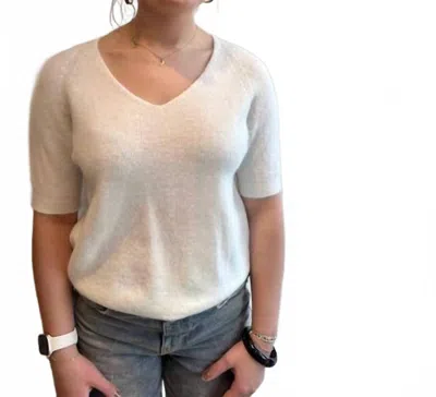 Scandal Italy Fuzzy Knit Alpaca Blend V-neck Tee Top In Ivory In Multi