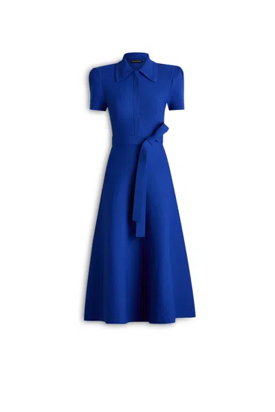 Scanlan Theodore Crepe Knit Gather Sleeve Collar Dress In Blue