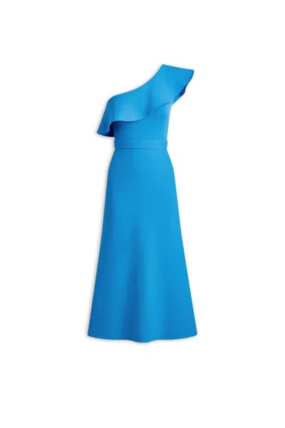 Scanlan Theodore Crepe Knit Ruffle Shoulder Dress In Blue