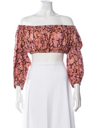 Pre-owned Scanlan Theodore Floral Print Off-the-shoulder Crop Top In Pink