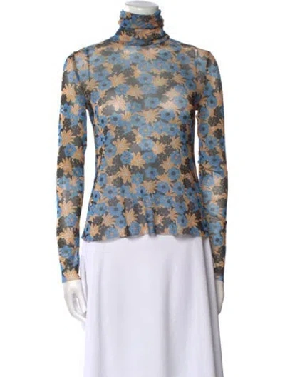 Pre-owned Scanlan Theodore Floral Print Turtleneck Blouse In Blue