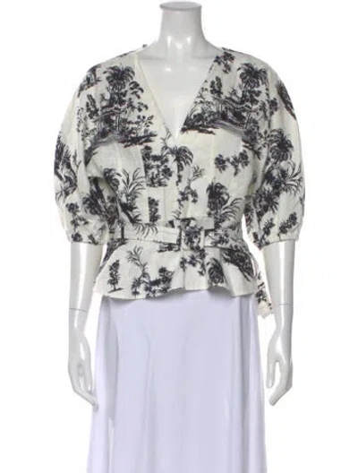 Pre-owned Scanlan Theodore Linen Floral Print Blouse In White