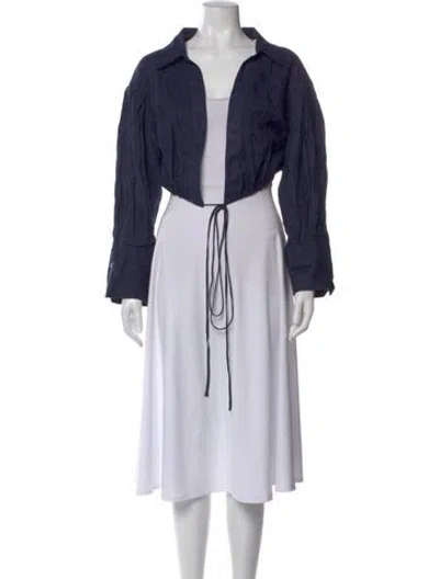 Pre-owned Scanlan Theodore Linen Long Sleeve Button-up Top In Blue