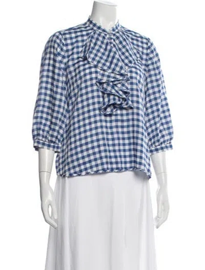 Pre-owned Scanlan Theodore Plaid Print Three-quarter Sleeve Blouse In Blue