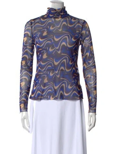 Pre-owned Scanlan Theodore Printed Turtleneck Blouse In Blue