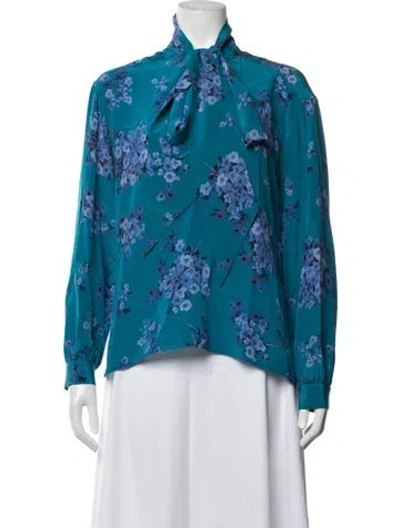 Pre-owned Scanlan Theodore Silk Floral Print Blouse In Blue