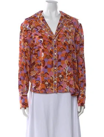 Pre-owned Scanlan Theodore Silk Floral Print Blouse In Orange