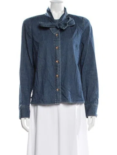 Pre-owned Scanlan Theodore Tie Neck Long Sleeve Button-up Top In Blue