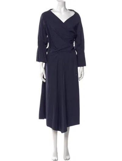 Pre-owned Scanlan Theodore V-neck Midi Length Dress In Blue