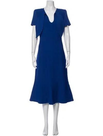 Pre-owned Scanlan Theodore V-neck Midi Length Dress In Blue