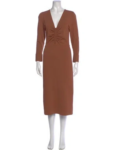 Pre-owned Scanlan Theodore V-neck Midi Length Dress In Brown