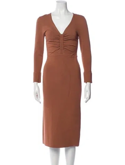 Pre-owned Scanlan Theodore V-neck Midi Length Dress In Brown