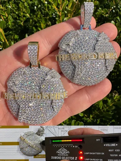 Pre-owned Scarface Moissanite 925 Silver/gold Plated Iced World Is Mine Globe Map Pendant Necklace In White