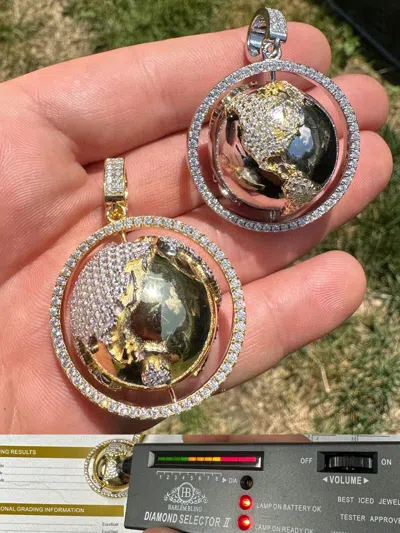 Pre-owned Scarface Moissanite Spinning Globe Real Hip Hop 925 Silver Iced Pendant Necklace 3d Out In White