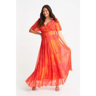 Scarlett & Jo Isabelle Abstract Angel Sleeve Dress In Orange