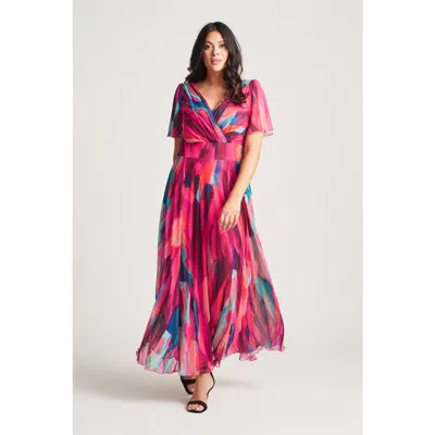 Scarlett & Jo Isabelle Abstract Angel Sleeve Dress In Pink