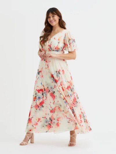 Scarlett & Jo Isabelle Floral Angel Sleeve Maxi Dress In Neutral