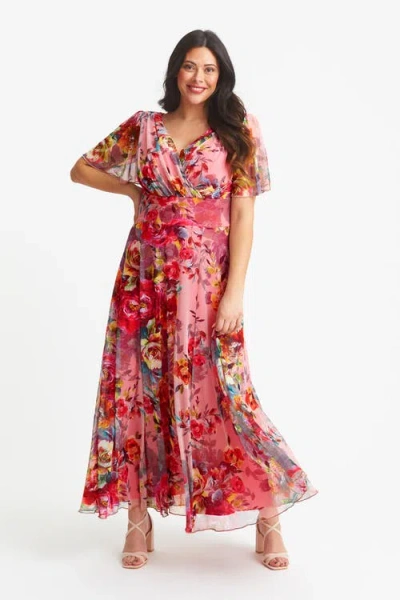 Scarlett & Jo Isabelle Floral Angel Sleeve Maxi Dress In Pink