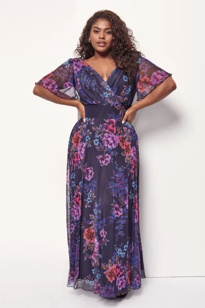 Scarlett & Jo Isabelle Floral Angel Sleeve Maxi Dress In Purple