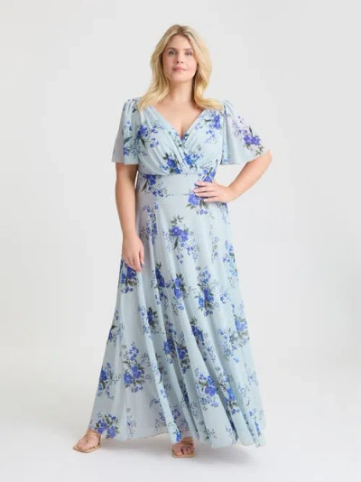 Scarlett & Jo Isabelle Short Sleeve V-neck Maxi Dress In Blue