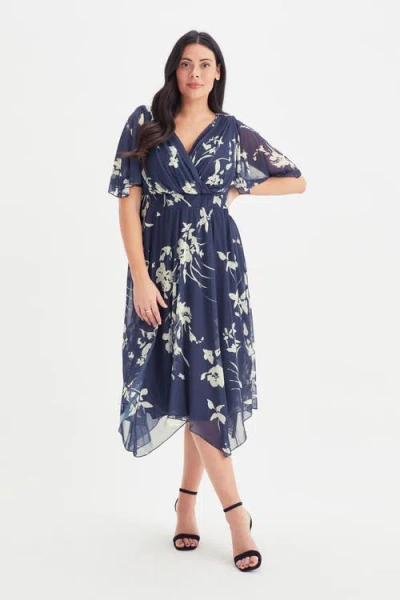Scarlett & Jo Julie Floral Hanky Hem Dress In Blue