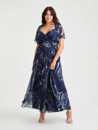 Scarlett & Jo Kemi Print Bolero Wrap Bodice Maxi Gown In Blue