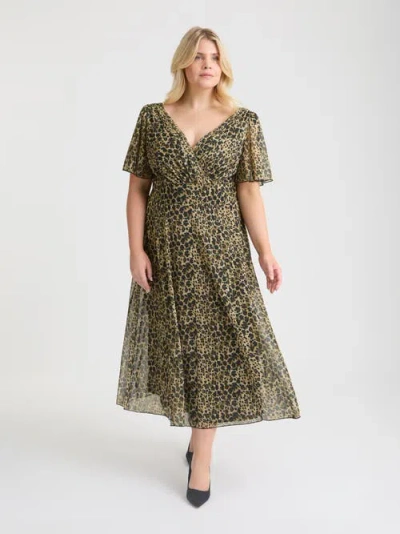 Scarlett & Jo Victoria Brush Angel Sleeve Midi Dress In Animal Print