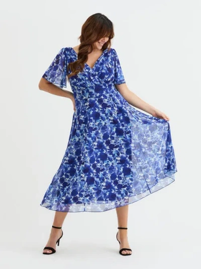 Scarlett & Jo Victoria Floral Angel Sleeve Midi Dress In Blue